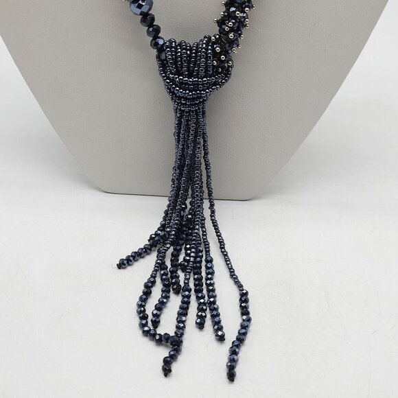 Black Blue Beaded Tassel Necklace With Sparkling Crystal Accents Vintage - Picture 2 of 8